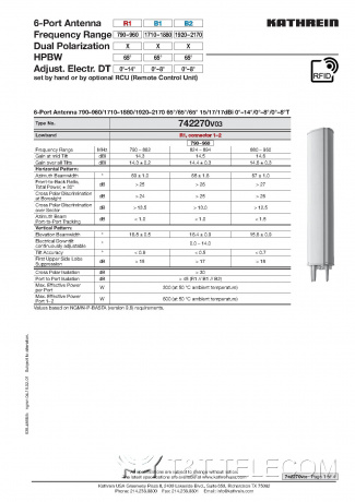 Антенна 742270 V03 Kathrein 6-портовая LB/2HB 790-960/1710-1880/1920-2170 МГц 1.4m 65°
