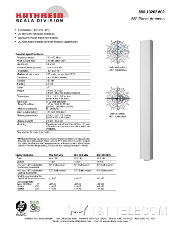 Антенна 80010203 V02 Kathrein XPol Panel 790-960 МГц ширина луча 65° усиление 17 дБ 0°T