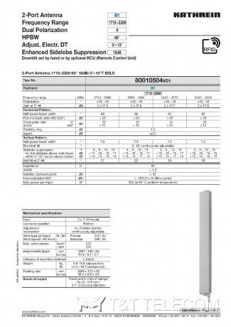 Антенна 80010504 V01 Kathrein 1710–2200 МГц 1,4 m 65° 18 dBi 0°–15°T ESLS 2-портовая направленная