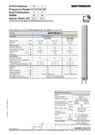 Антенна 80010644 V01 Kathrein 4-портовая направленная 1710-2170/2490-2690 МГц 2HB 1.4m 18dBi 2°–14°T