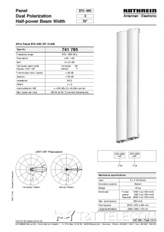Антенна 741785 Kathrein XPol A-Panel 870–960 МГц 30° 21dBi двойная поляризация