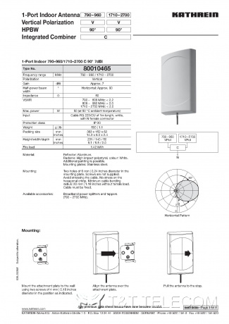 Антенна 80010465 Kathrein 1-портовая внутренняя LB/HB C 790-2700 МГц 90° 7dBi