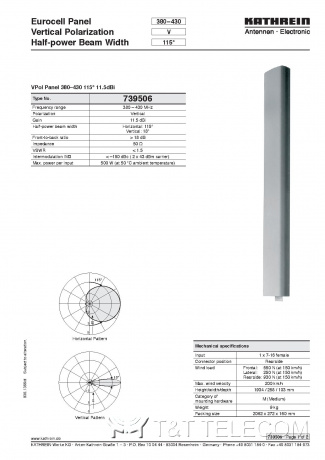 Антенна Kathrein 739506 VPol Panel 380‑430 МГц 115° 11.5 dBi 7-16F