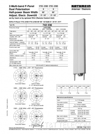Антенна 742236 V01 Kathrein 4-портовая направленная 1710-2200 МГц 65° 18dBi 2HB 1.3m 0°–10°T