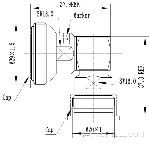 7-16 Female - 4.3-10 Female | Переходник коаксиальный угловой 716F-R-43F 6 ГГц, IP68