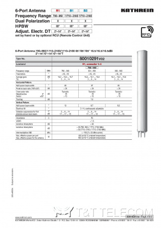 Антенна 80010291 V02 Kathrein 6-портовая LB/2HB 2.0 m 65° 3x790-2180 МГц