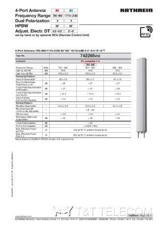 Антенна 742265 V02 Kathrein 4-портовая LB/HB 1.9 м 65° 790-2180 МГц 18,5 dBi