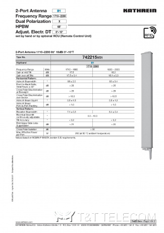 Антенна 742215 v01 Kathrein 2-портовая направленная 1695–2200 МГц 65° 18dBi 0°–10°T
