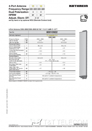 Антенна 80010922 Kathrein 4-портовая 2x3300-3800 МГц 1.0m 65° 17.5 dBi 2°–12°T