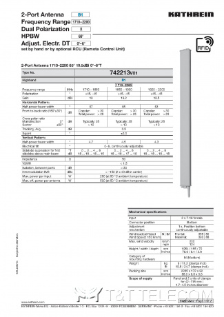Антенна 742213 V01 Kathrein 1710–2200 МГц 65° 19.5 dBi 0°–6°T 2-портовая направленная